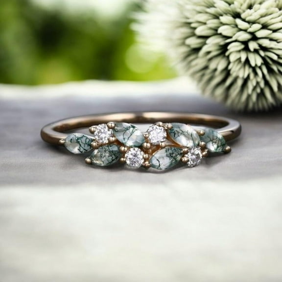 Moss Agate Cluster Wedding Band Bridal Moissanite Ring Promise Anniversary Matching Ring Unique Jewelry Half Eternity Band Gift For Her
