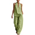 thumbnail image 4 of Women's Halter Neck 2 Piece Set, V Neck Tank Top and Wide Leg Pants Outfit, Casual Lounge Set, Summer Vacation Outfits for Women, Beach Cover Up and Romper Alternative-Green, 4 of 4