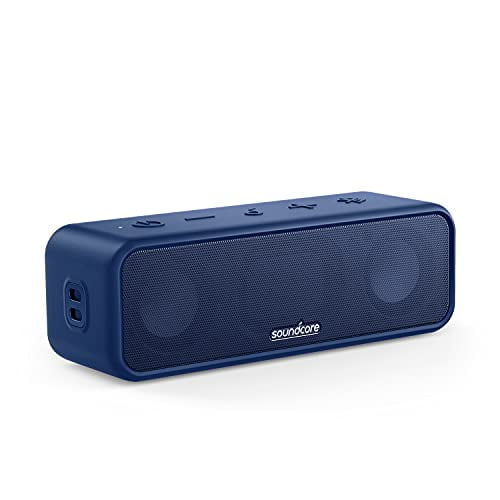 Altavoz portátil Soundcore 3, altavoz exterior impermeable IPX7 con sonido estéreo, tecnología PartyCast, BassUp, tiempo de reproducción 24 horas, aplicación, para playa, ducha, exterior - azul (renov