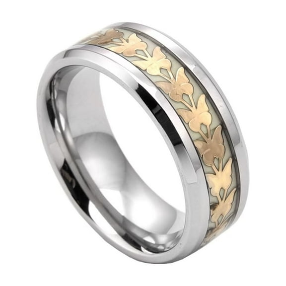 PAMTIER Men's 8mm Stainless Steel Cute Flying Butterfly Pattern Design Luminous Ring Biker Band Cool Band Glow in The Dark Gold Size 7