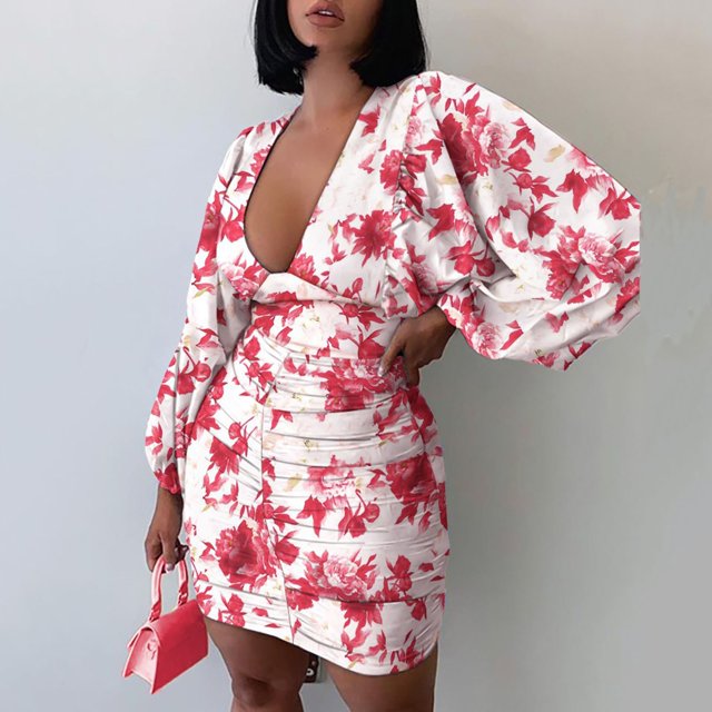 pstuiky Robes pour Filles, Robe à Col en V Imprimée Décontractée Mode Aguichant Moulante à Manches Longues pour Femmes, Robe de Travail, Liquidation