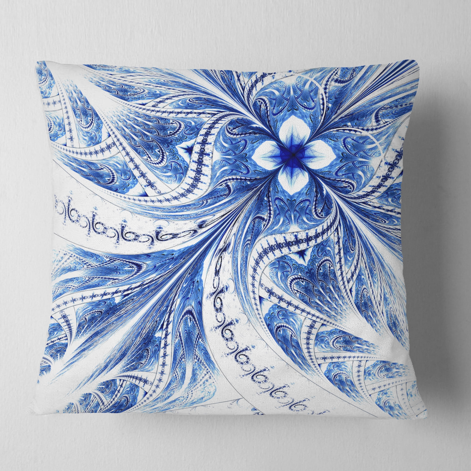 Designart Light Blue Fractal Flower Pattern Digital - Floral Throw Pillow - 16x16