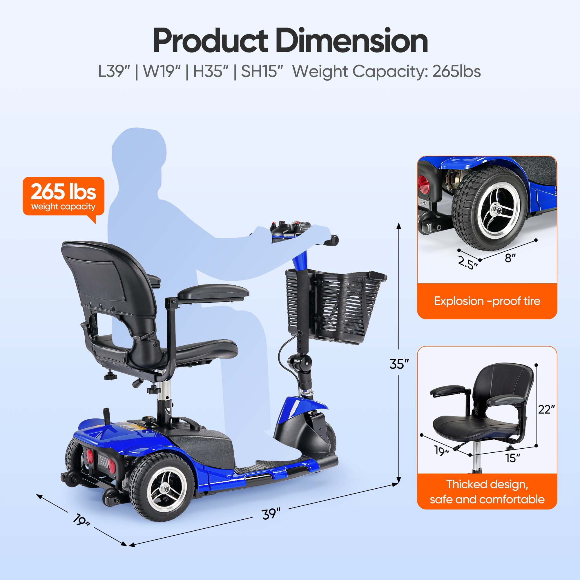 Morrean 3 Wheel Electric Powered Mobility Scooter, with Lighting Folding Travel Mobile Wheelchair for Seniors, Gift for Elderly, Blue