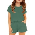 thumbnail image 2 of Girls 2-Piece Loungewear Set Short Sleeve T-Shirt and Elastic Waist Shorts All-Day Comfortable Outfit Dark Green Size 7-8 Years, 2 of 5