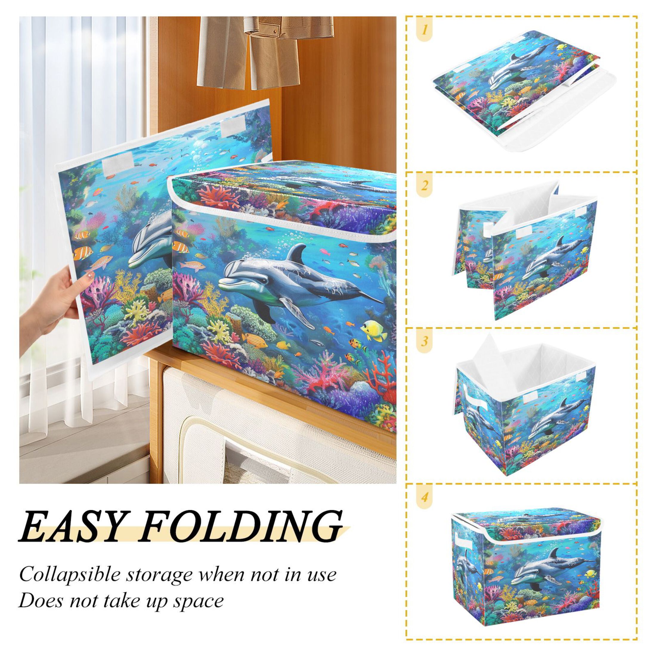 Ryvnso Dolphin and Fish under Sea Large Lidded Foldable Storage Baskets Cubes Boxes Lids Bin for Home