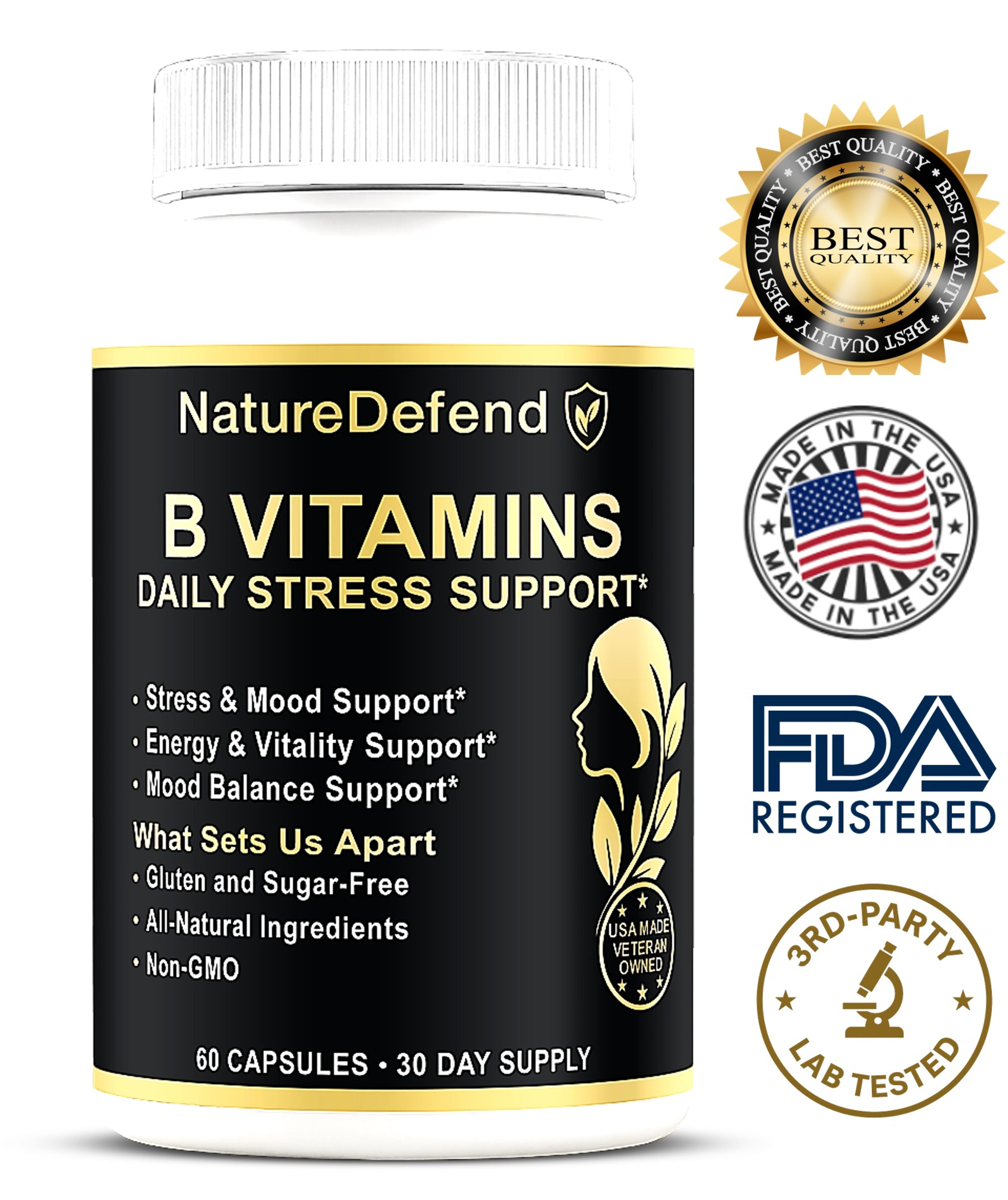 NatureDefend Stress Support Complex Supplement, B-Vitamins & St. John’s Wort, 60 Capsules, Veteran-Owned, USA Made