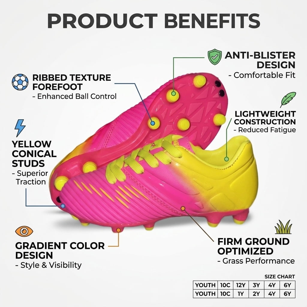 Vizari Liga Firm Ground Soccer Cleats for Kids – Durable, Lightweight, and Comfortable Soccer Shoes for Boys and Girls,Pink,12
