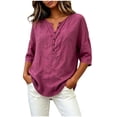 thumbnail image 2 of Women's Solid Short Sleeve Linen Blouse Button Neckline Shirt Summer Casual Top, 2 of 6
