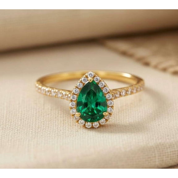 vylahjewellery Green Pear Shape Engagement Ring with Halo Setting Diamond Accent Promise Ring Elegant Wedding Bridal Jewelry 10K Vermeil Yellow Gold Engagement Ring