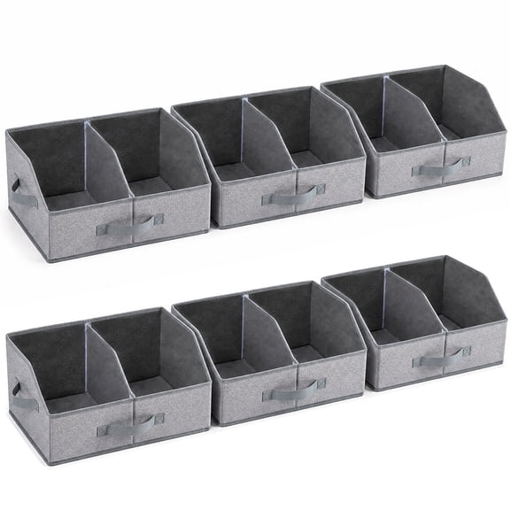 Beige Linen Fabric Storage Baskets 6 Pack with Handles Closet Shelf Organizers, 16.5 x 11 x 7.9 Inch