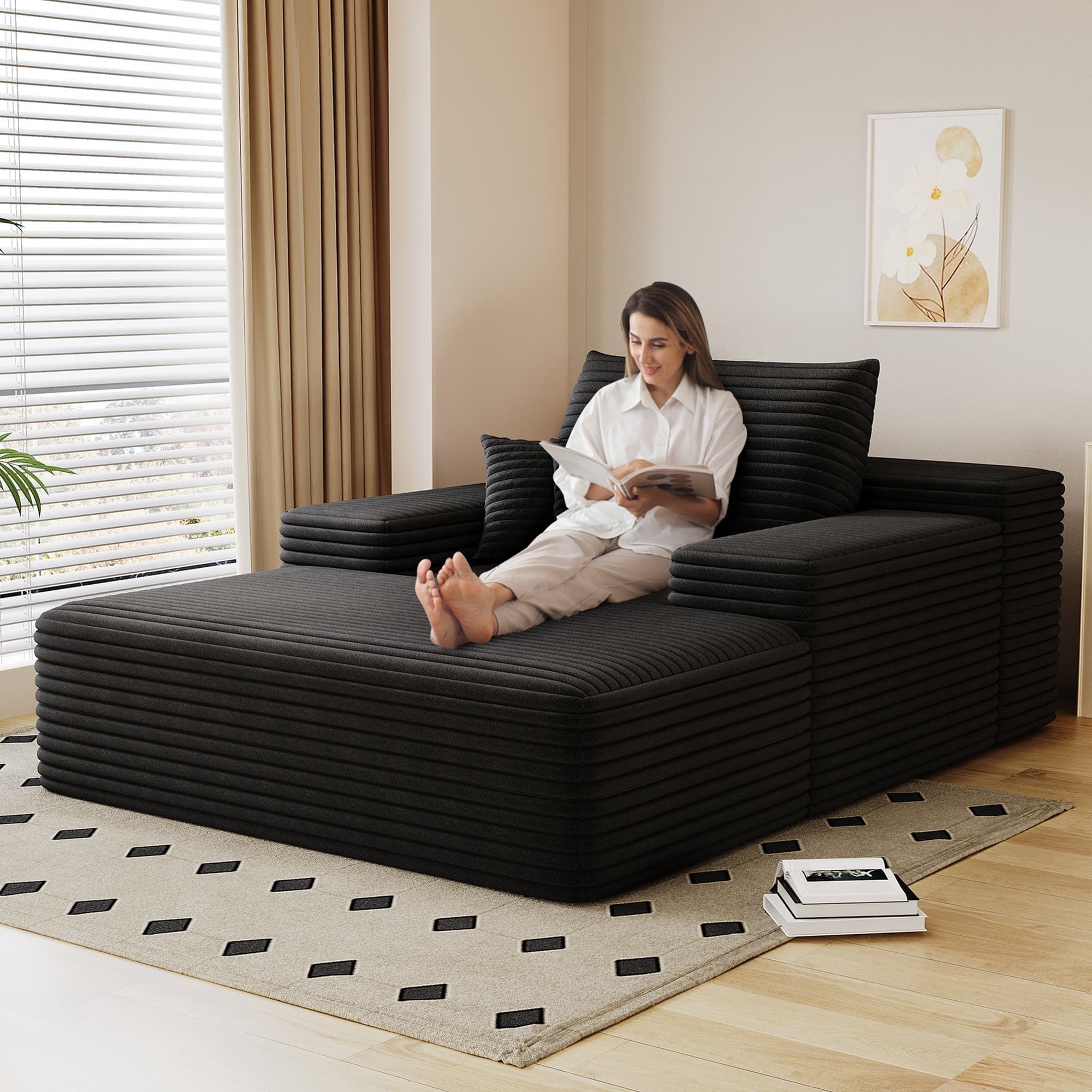 Leumius Oversized Chaise Lounge Chair Indoor Furniture, No Assembly Required, Plush Corduroy Upholstered Sofa Bed Cozy Sleeper Couch for Living Room, Bedroom, Black