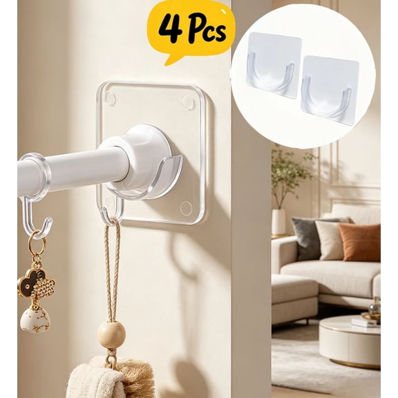 4 Pcs Adhesive Shower Curtain Rod Holder No Drilling, Tension Curtain Rod Bracket, No Slippage Wall Mount Retainer of Shower Rods for Bathroom