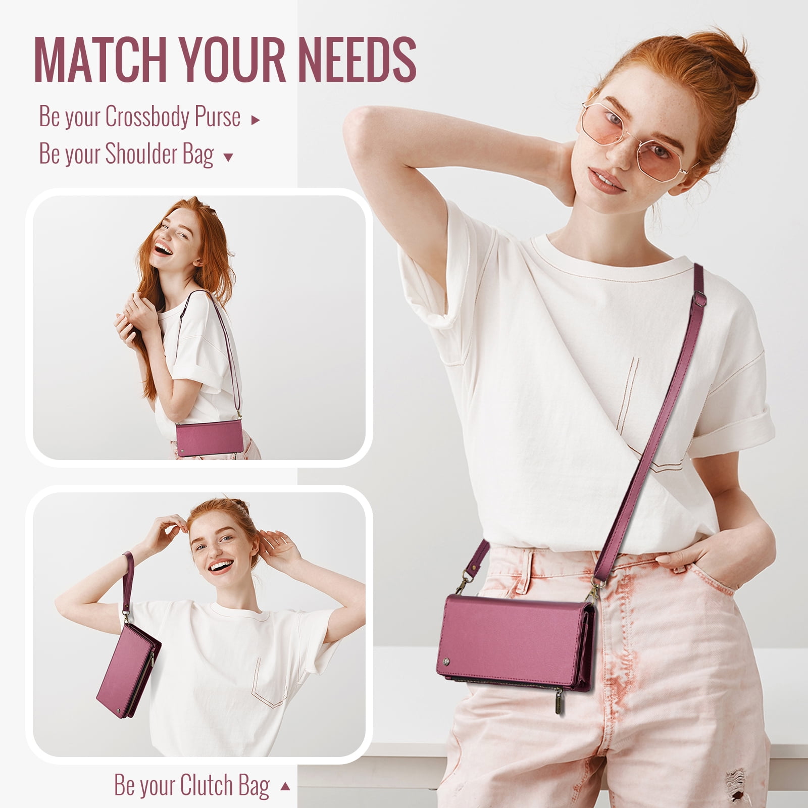 ELEHOLD Phone Bag Wallets for Women Girls,Luxury PU Leather Wallet Bag Crossbody Handbag with Phone Pocket Zipper Pocket Large Capacity Credit Card Holders Wriststrap Shoulder Strap,Winered