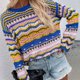 thumbnail image 4 of Suéter de ganchillo para mujer Suéter de manga acampanada con cuello redondo Arco iris a rayas Otoño Invierno FLhrweasw Nuevo, 4 of 9