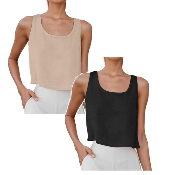 Conairie 2 Pack Workout Tank Tops Women Solid Color Crop Linen Blend Scoop Neck Vest Tops Trendy Summer Athletic Running Sleeveless Basic Tee