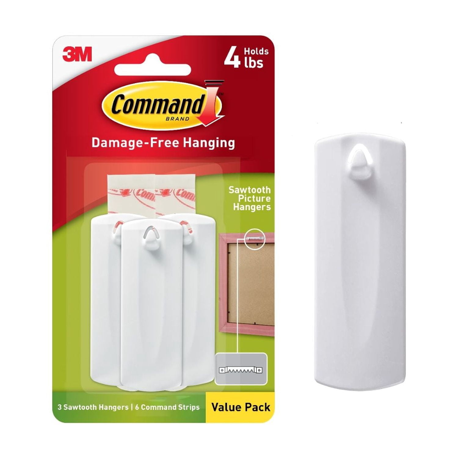(2 pack) Command Sawtooth Picture Hanger, Holds 4 lbs, White, 3 Hangers, 6 Pairs Adhesive Strips