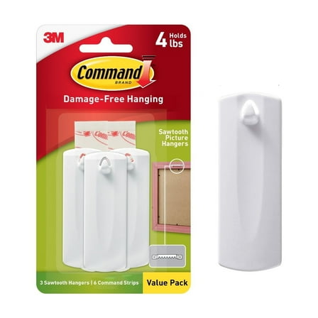 Command Sawtooth Picture Hanger, Holds 4 lbs, White, 3 Hangers, 6 Pairs Adhesive Strips