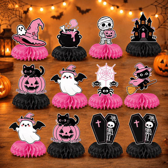 Halloween Honeycomb Centerpiece Set, 12PCS with 9 Ghost Pumpkin Cat and Witch Designs for Party Table Decorations
