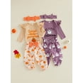 thumbnail image 4 of Baby Girls Halloween Outfits Adorable Letter Pumpkin Embroidery Long Sleeve Romper and Elastic Waist Pants Headband Set, 4 of 10