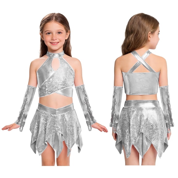 Sholeno Girls Sequins Jazz Dance Outfits Metallic Halter Neck Crop Top with Skirt Gloves for Hip Hop Dancing Party Silver 10