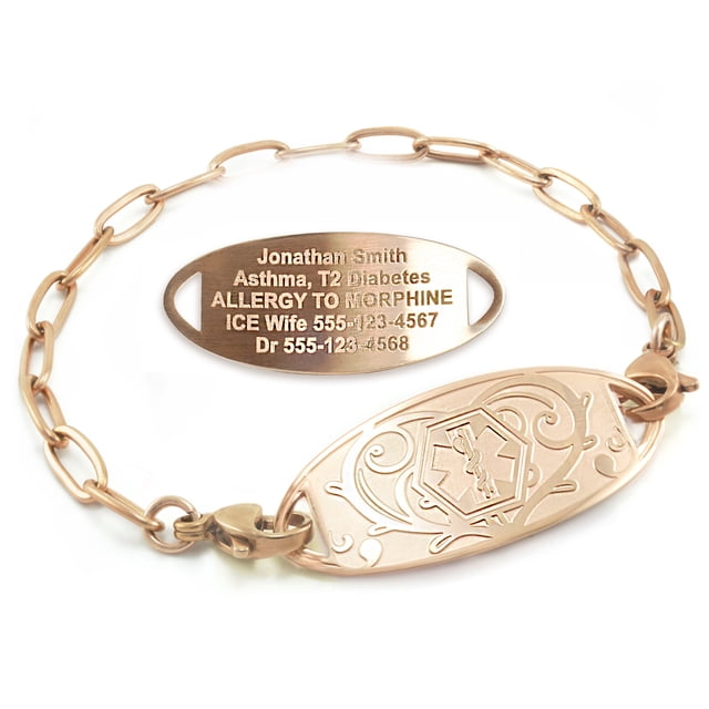 MedicEngraved Rose Gold Stainless Steel Custom Medical Alert Bracelet - 4mm Paperclip Link