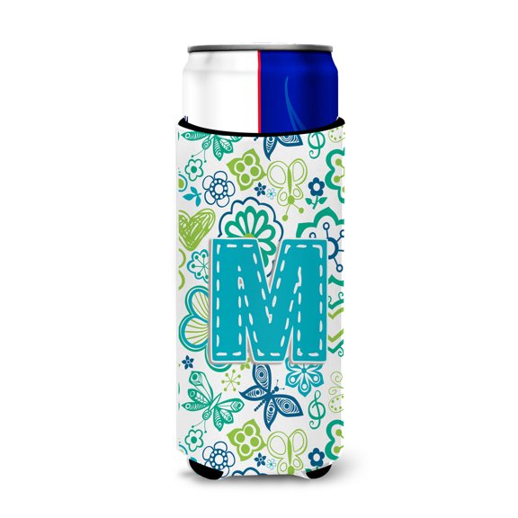 Caroline's Treasures CJ2006-MMUK Letter M Flowers and Butterflies Teal Blue Ultra Hugger for slim cans, Slim Can, multicolor