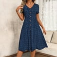 thumbnail image 5 of FRSASU Spring Summer Dresses for Women Short Sleeve Casual V Neck Button Midi Dress Bohemian A Line Fashion Slim Fit Clothes Navy, 5 of 7