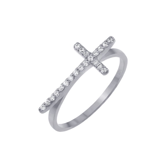 Rhodium Plated Sterling Silver 925 Clear CZ Cross Ring Christian Band White Female Size 5