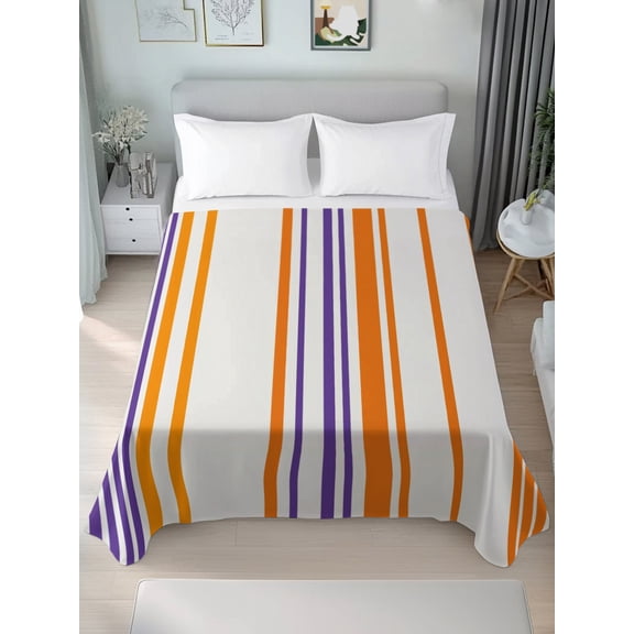 Queen Size Flat Sheet Only,Minimalist Purple Orange Stripes Soft Top Bed Sheets Breathable Bedding Sheet Modern Line Art Microfiber Hotel Luxury Top Sheets