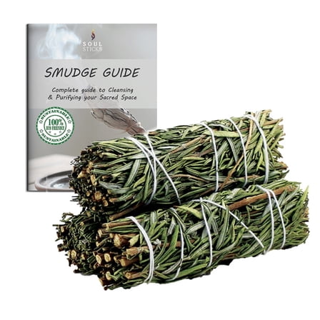 Soul Sticks 3 Pack Rosemary Smudge Sticks with Guide for Cleansing, Energy Clearing, Smudging, & Positive Vibes