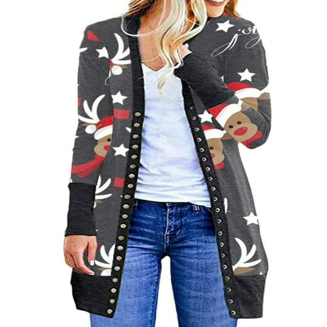 CNKOO Women Christmas Long-Sleeved Cardigan Mid-Length Outwears