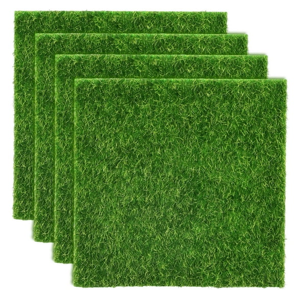 4 Packs Mini Fake Grass for DIY Crafts, 6x6 Inch Artificial Moss Turf for Fairy Gardens, Dollhouse Scenery, Diorama Decorations, Model Train Landscape, Green