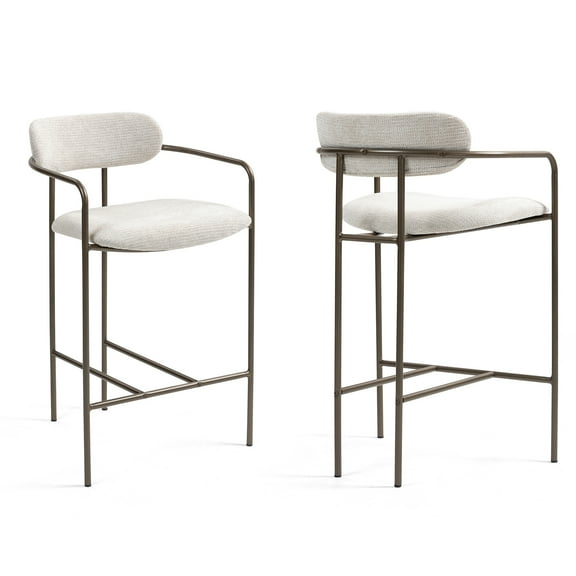 Set of 2 Berker Beige Woven Upholstered Fabric Counter Stool with Brown Iron Arms and Legs