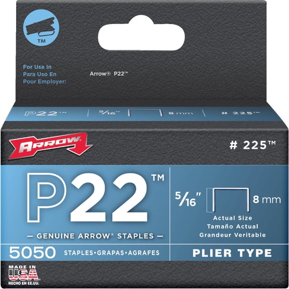 Arrow Fastener P22 Plier Type Staple Fastener Flat Crown - Heavy-Duty - 5,050 Pack, 5/16 In