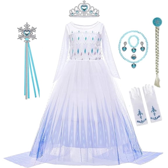 MAVLLY Princess Costume for Girls Snow Queen 2 Princess Dress Detachable Full-Length Sequin Tulle Cape with Accessories Ideal Birthday Gift for 3T-10Y