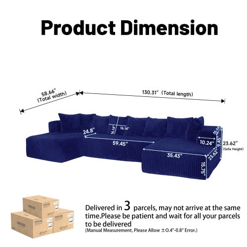 SOULART 130" Blue U L-Shaped Modular Cloud Couch, Sectional Sofa with Chaise – No Assembly, 5-Seater, Corduroy ，Boneless sofa,