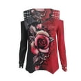 thumbnail image 2 of Women Cold Sleeve Shoulder Tops Blouses Sexy V-Neck T-Shirt Rhinestone Blouses Clubwear Casual Fashion Rose Pattern Clothing, 2 of 4