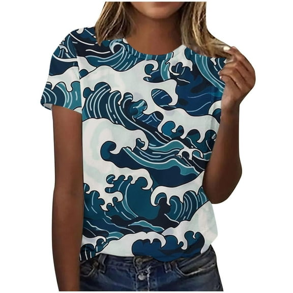 Fjofpr Summer Clothes for Women T Shirt Fashionable Women's Casual Pullover Printed Short Sleeved Round Neck Top