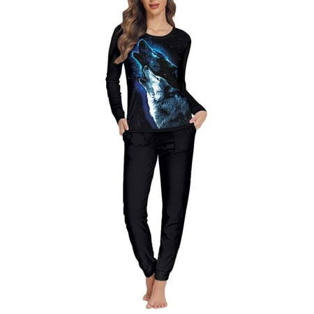 

STUOARTE Sleepshirts Nightwear Women Wolf 2 Piece Pjs Softness Pajamas Top and Pants with Pockets Indoor Relaxed Crew Neck Adult Loungewear Size 4XL