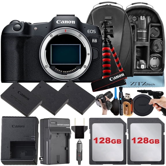 Canon EOS R8 Mirrorless Camera (Body Only) with 2 Pack 128GB Memory Card   3 Pieces Battery   Backpack   Tripod   ZeeTech Accessory Bundle (International Version)
