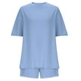 thumbnail image 5 of CheerKidz Two Piece Sets for Women 2025 Summer Short Matching Home Tops Elastic Waist Shorts Set Casual Loose V Neck Beach Vacation Travel Outfits(Z03#Blue,S), 5 of 9