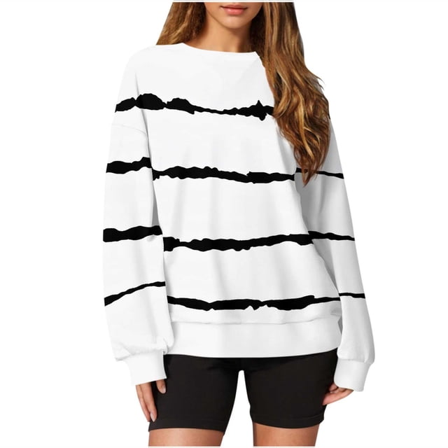KIHOUT Chandails en Molleton de Mode pour Femmes, Col Rond Décontracté Épaules Tombantes Manches Longues Pull Rayé Imprimé Blouse Ample, Taille S-3TG