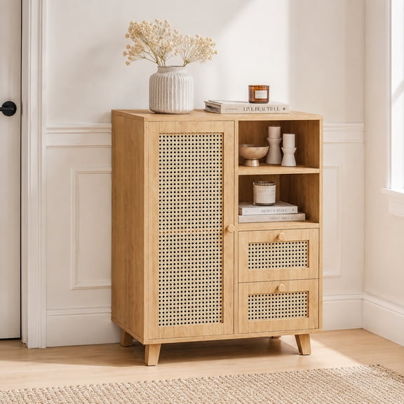 Someet Rattan Sideboard Buffet Cabinet with 2 Drawers and 1 Door, Boho Credenza Cabinet for Dining Room, Coffee Bar Table with Storage for Living Room, Entryway, Natural
