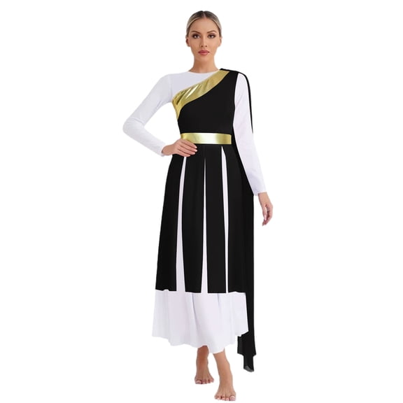 Doomiva Women's Lyrical Liturgical Worship Praise Dance Dress Metallic One Shoulder Overlays Tunic Dress Dancewear Black XXL