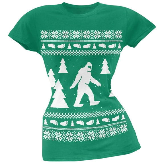 Sasquatch Ugly Christmas Sweater Green Soft Juniors T-Shirt - Large