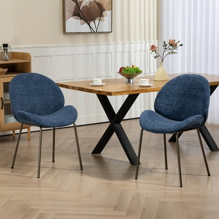 Set of 2 Benedetta Blue Linen Upholstered Dining Chair with Black Iron Legs