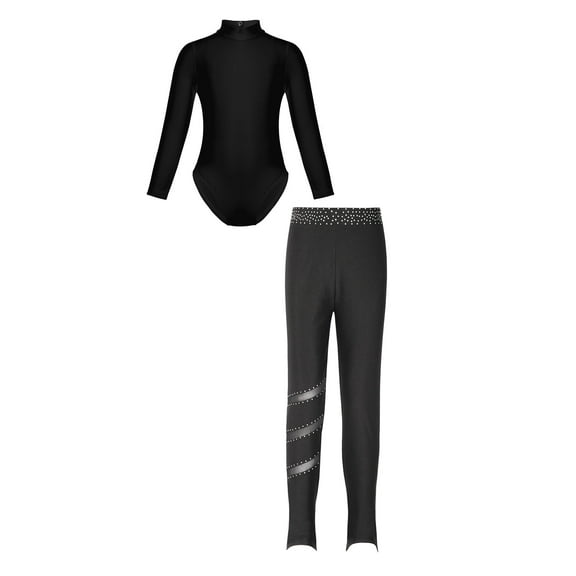 YIZYIF Kids Girls Sports Suit Long Sleeve Leotard with Sparkly Rhinestones Leggings Gym Outfit A Black 13-14