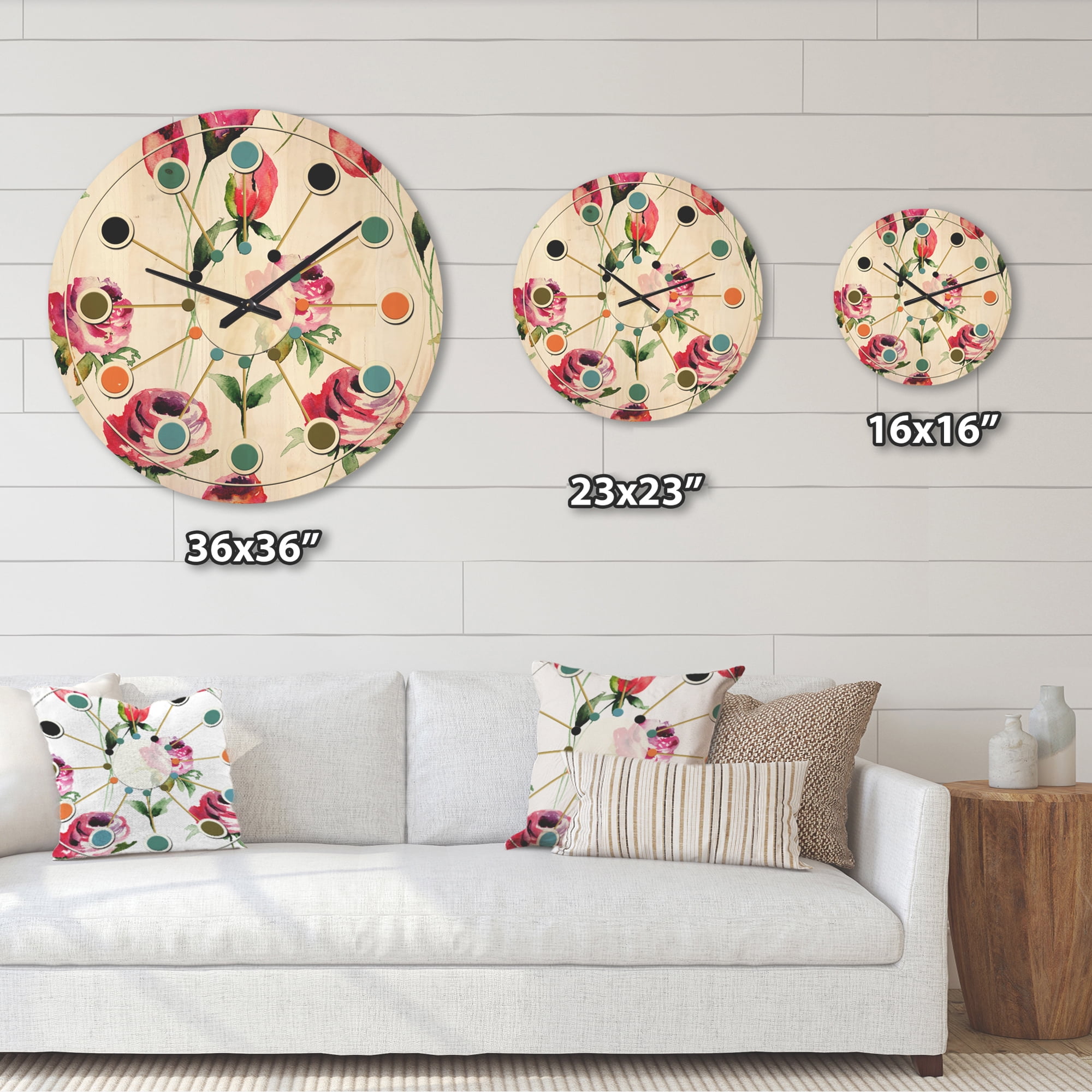 Designart 'Roses Flowers Pattern On White' Mid-Century Modern Wood Wall Clock