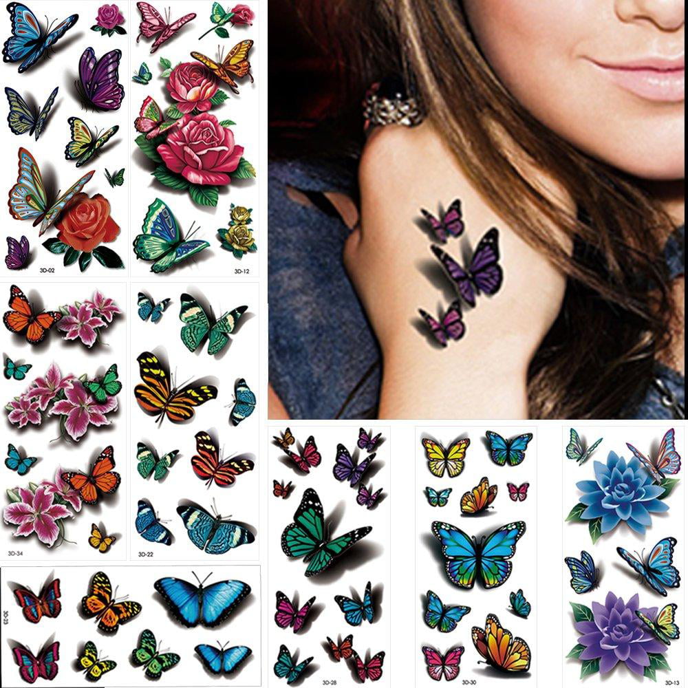 8 Sheets 3d Temporary Tattoo Sticker Butterfly Flower Design Body Chest