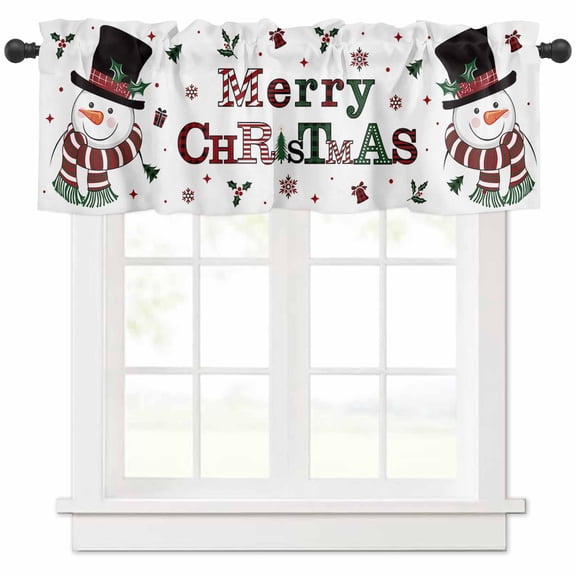 Merry Christmas Valances for Windows, Hat Snowman Light Filtering Window Treatment Valances, Rod Pocket Small Curtains for Kitchen/Bathroom, 56"x16"
